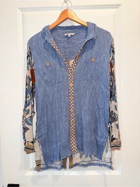 John Mark Blue Button-Front Tunic with Printed Long Sleeves